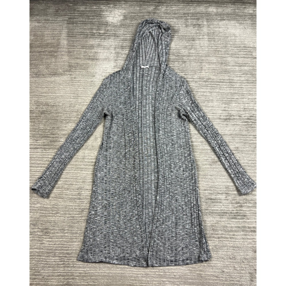 Blu Planet Cardigan Womens Large Grey Open Front Hooded Ribbed Knit Duster